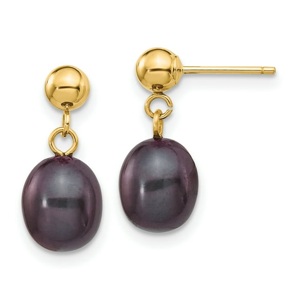 Primal Gold 14 Karat Yellow Gold 7-8mm Black Rice Freshwater Cultured Pearl Dangle Post Earrings