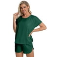 thumbnail image 5 of DAKIMOE Womens Silk Stain Pajamas Set Short Sleeve Soft Sleepwear Top With Shorts Set PJ Loungewear, Dark Green, M, 5 of 8