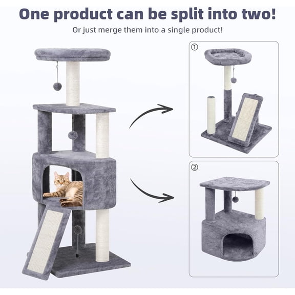 45in  Tree Tower with Big Condo for Indoor Cats, , Space-Saving Corner Design, Scratching Post & Toys