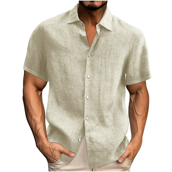 Dianli Shirts for Men Cotton Linen Short Sleeve Stand-Collar Button Pullover T-Shirt Solid Color Breathable Lightweight Relaxed-Fit Everyday Office Wear Beach Vacation