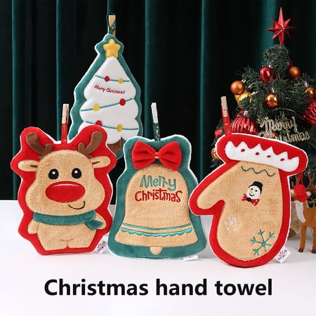 Joernso Christmas Hand Towel Cute Santa Tree Bell Glove Snowman Elk Ultra Soft Thick Coral Fleece Hanging Loop Quick Drying Super Absorbent Bathroom Kitchen Towel Home Supplies