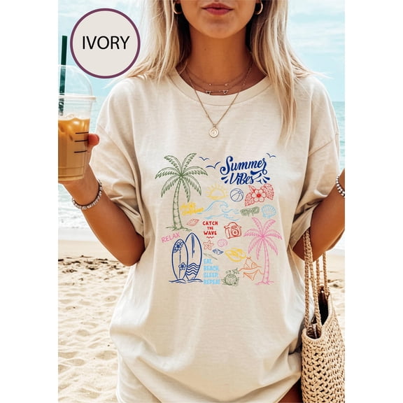 Summer Vibes Women T-Shirt, Beach Life Gift for Her, Summer Trendy Shirt, Distressed Beach Mom Gifts, Neon Beach Top