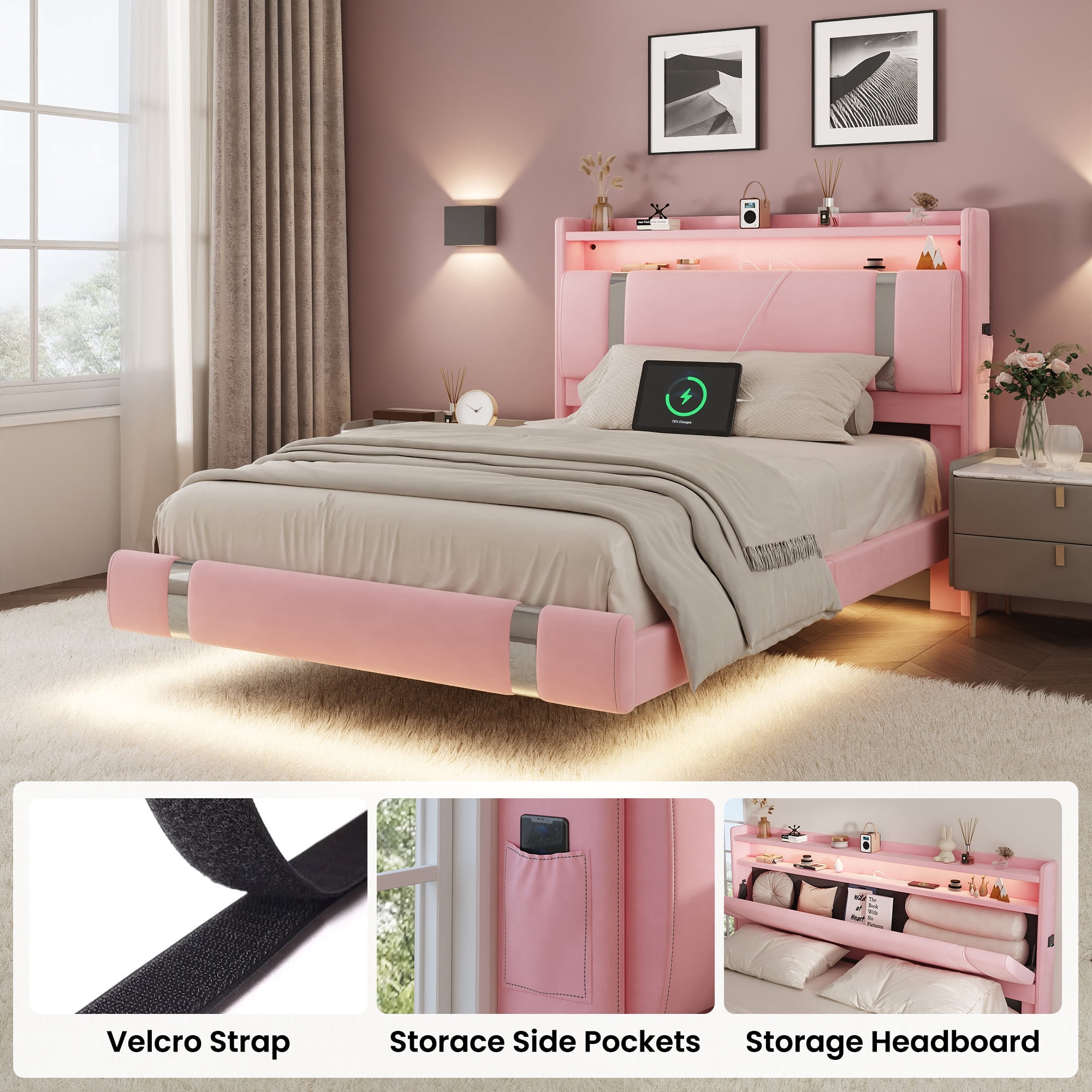 NEGYLIM Floating Bed Frame Twin Size with LED Lights, Easy to Assemble, Metal Platform Bed with Storage Headboard, No Box Spring Needed, Pink