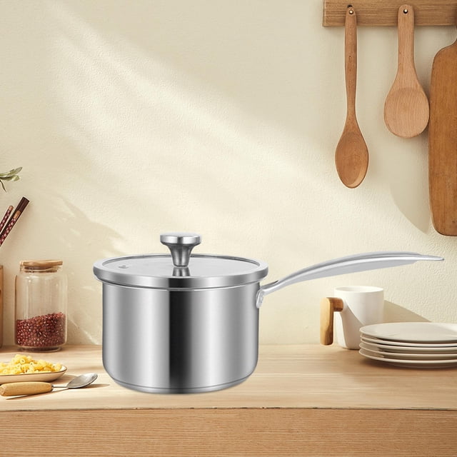 Olla de cocina de acero inoxidable con tapa, olla universal para sopa, olla para leche, mango largo, olla pequeña engrosada de 10 cm para acampar, Estilo A BLESIY Cacerola
