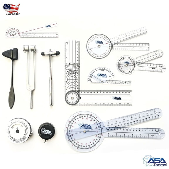 Goniometer Physical Therapy Complete Set W/Bonus Reflex Hammer Including 12,8,6