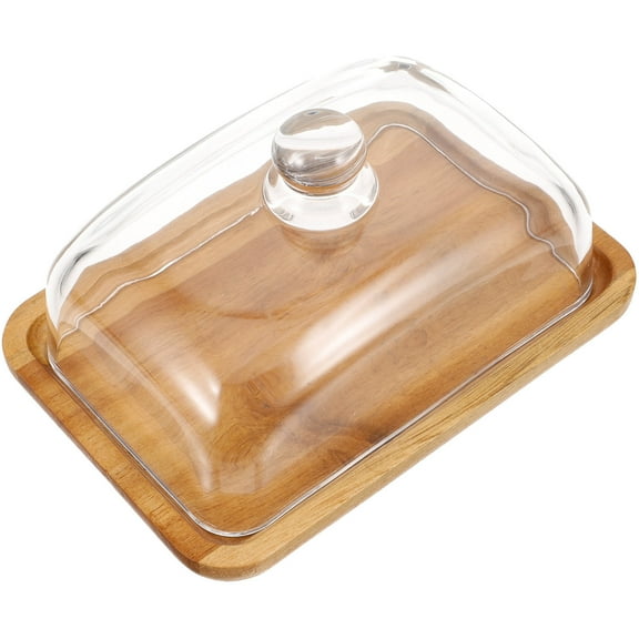 WORGEOUS Wood Butter Dish with Glass Lid Cheese Tray Butter Storage Plate With Cover for Kitchen
