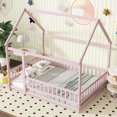 thumbnail image 3 of Jopath Full Size House Floor Wooden Bed with Roof Frame, Safety Guardrails for Boys Girls Pink, 3 of 9