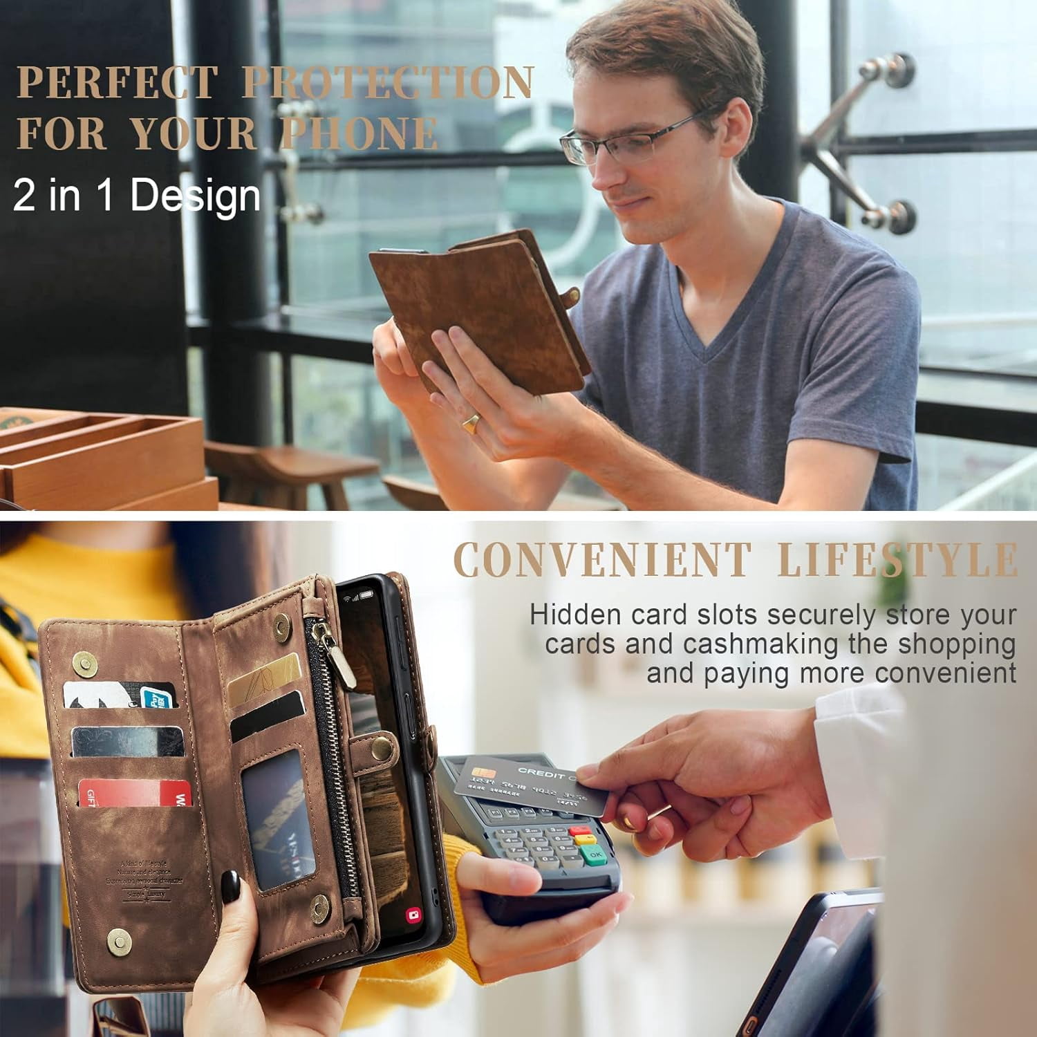 Phone Case for Samsung Galaxy A14 5G Zipper Wallet Detachable Cover with Tempered Glass Screen Protector and Leather Flip Credit Card Holder TPU Cell Accessories A 14 4G 14A G5 Women Men Brown