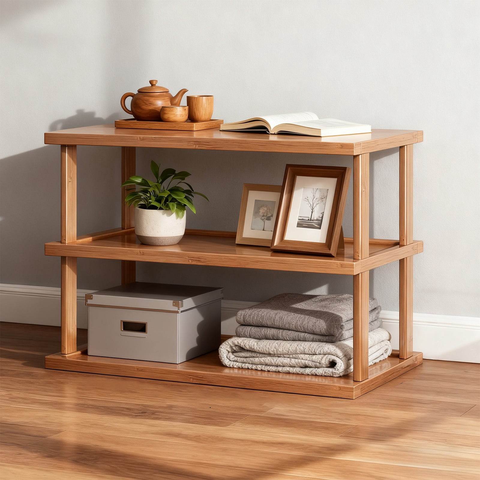 Brown Two Tier Desktop Storage Rack Kitchen Countertop Shelf Multi Layer Water Glass Rack Brown For Office Study Desk 18.89X14.56X9.44 Inches Wood