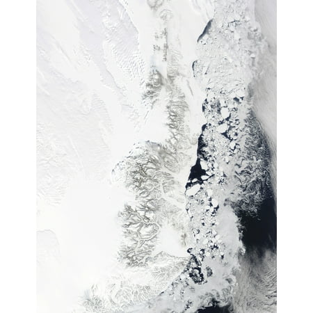 May 10 2010 - Satellite view of the eastern coast of Greenland covered in snow and ice Poster