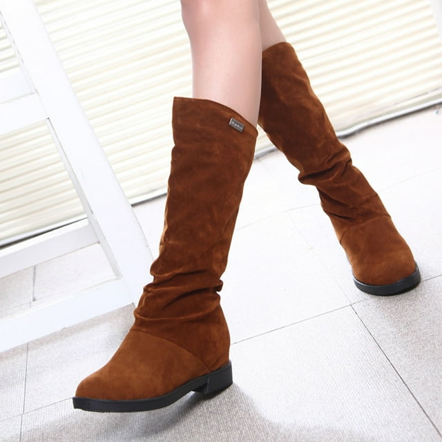 LSLJS Bottes Rondes Rétro Chaudes en Suède à Talon Bas pour Femmes, Bottes Mi-Mollet pour Femmes, Bottes pour Femmes
