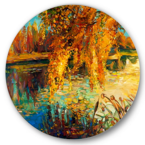 Designart 'Orange Autumn Forest Reflects On River' Lake House Circle Metal Wall Art 36x36 - Disc of 36