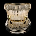 thumbnail image 2 of Copper Zirconia Vampire Fang Grillz for Men & Women, Gold & Silver Tone with Cone & Teardrop Tips, Wave Design Iced Teeth Jewelry for Hip Hop Parties, 2 of 6