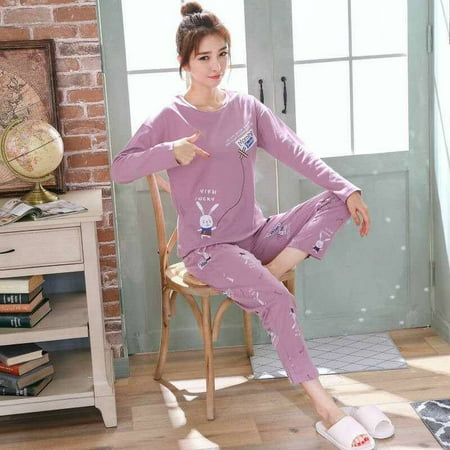 

Autumn Thin 2pieces Pyjamas Set Women Sleepwear Lovely Home Suits Round Neck Girls Teacup SleepwearLong Sleeve Pajamas
