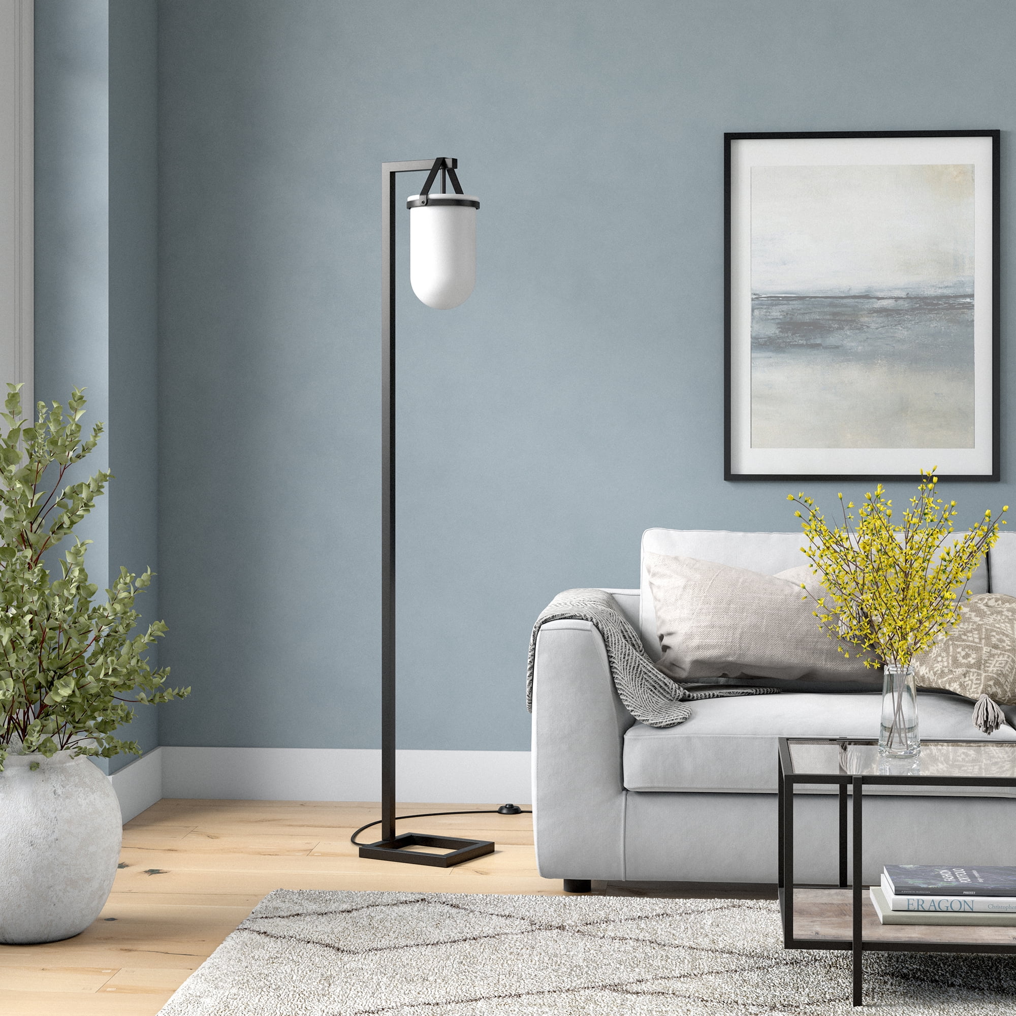 Evelyn&Zoe Shiloh 68" Tall Floor Lamp with Glass Shade, Blackened Bronze/White Milk
