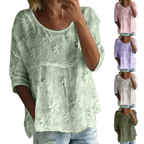 Women's Boho Floral 3/4 Sleeve Top Flowy Loose Cute Plus Size Summer Casual Pleated Blouse Shirts by Yigetop Blackish Green L