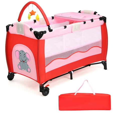 Costway Pink Baby Crib Playpen Playard Pack Travel Infant Bassinet Bed Foldable