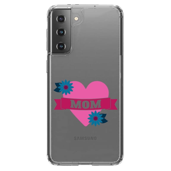 DistinctInk Clear Hybrid Case for Samsung Galaxy S21 Plus (6.7" Screen) - Flower Heart Banner - Tempered Glass Back