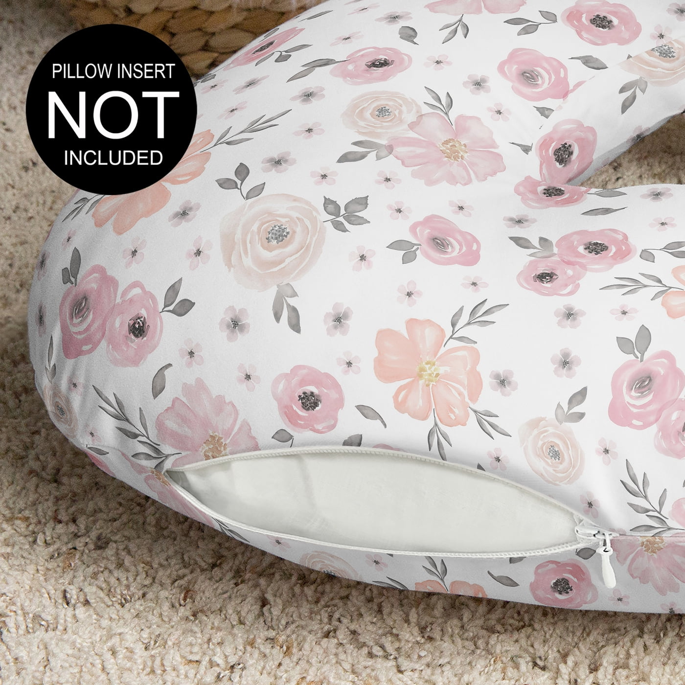Sweet Jojo Designs Watercolor Floral Pink and Grey Nursing Pillow Cover Case (Pillow Not Included) (Pillow NOT Included)