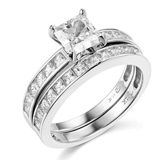 2.90 Ct Princess Engagement Wedding Ring Set Real 14K White Gold Matching Band