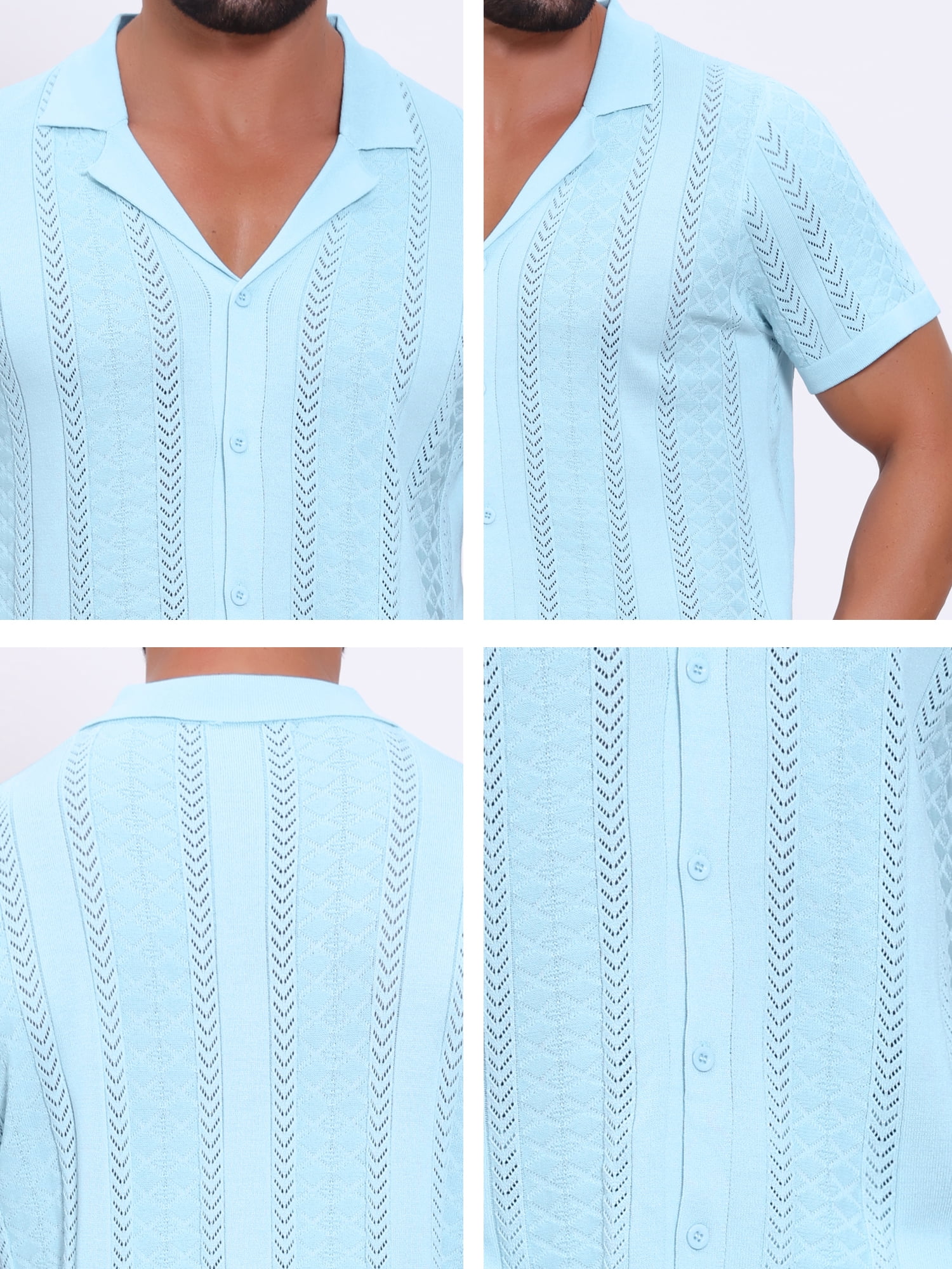 DARING DIVA Men's Hollow Knitted Shirt Short Sleeve Button Down Striped Shirts 2XL Blue