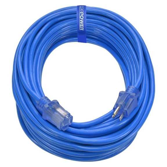 Outdoor Extension Cord - 100 FT, Blue | for Extreme Cold Weather -50°C, 14/3 SJTW, 3 Prong Grounded Plug, with Power Indicator Light (CP10078)