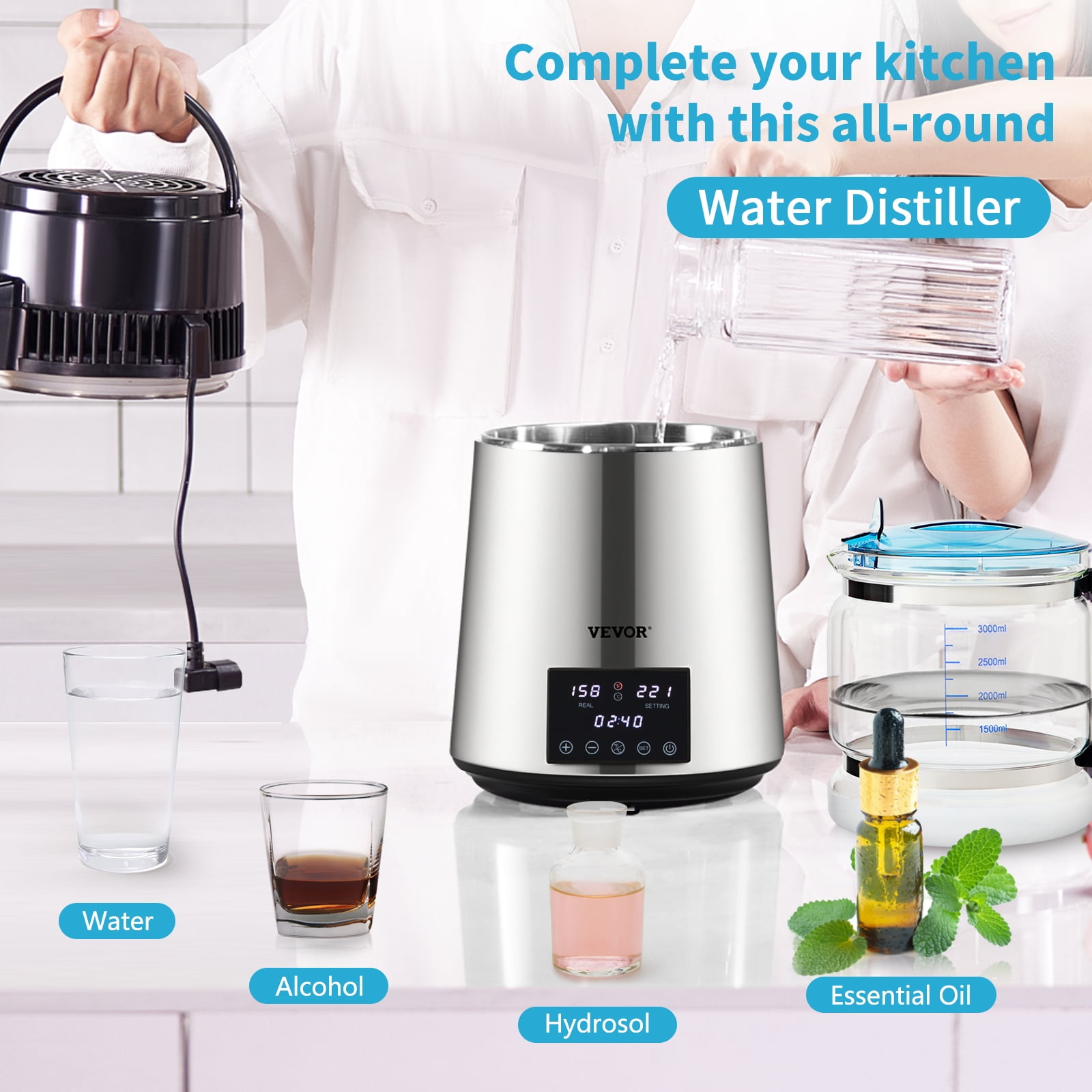VEVOR 1.1Gal Water Distiller, 0.4Gal/H, 1750W Distilled Water Maker Machine 0-99H Timing Dual Temp Display, 304 Stainless Steel Countertop Distiller Glass 3 Carbon Packs, Silver