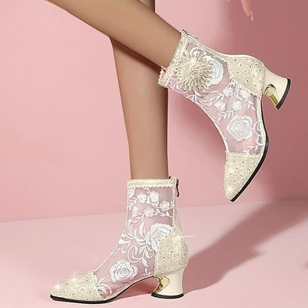 

YOUSNH Women Shoes Fashion Sexy Lace Rhinestone Embroidered Mesh Short Boots Pointed Toe Thick Heel Boots Womens Boots White 7.5