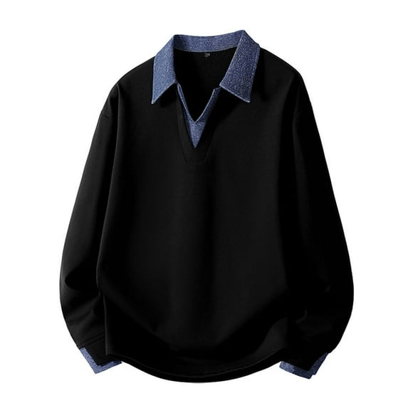 MeetoTime Oversized Long Sleeve Shirts for Men Patchwork Lapel V-Neck Pullover T Shirts Men's Clothes
