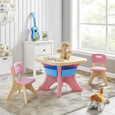 Kidzilla Activity Kids Table and 2PCS Chairs Set with Center Storage Bin for Boy Girl, Pink/Beige