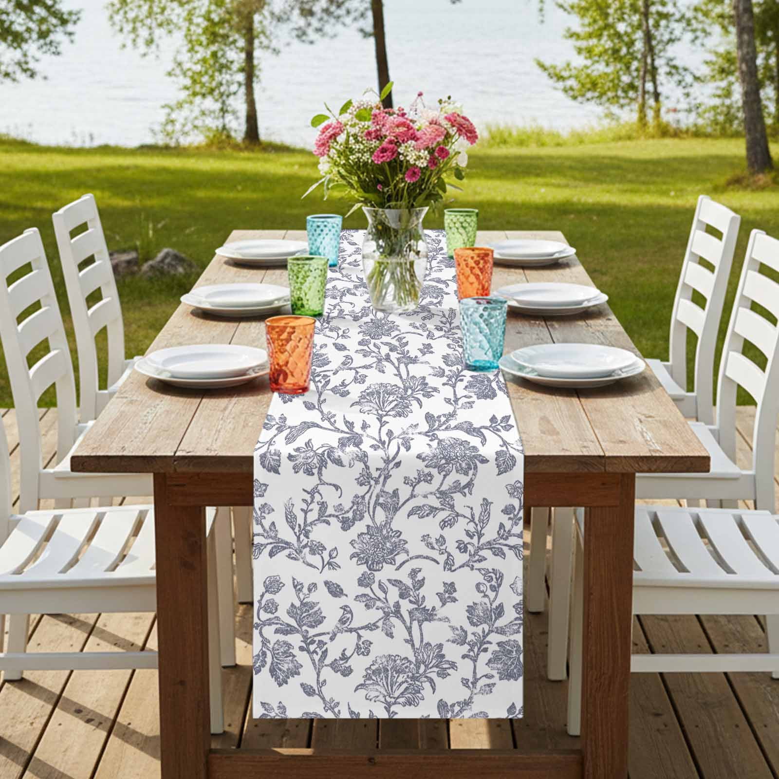 Haze Blue Flower 120 Inch Table Runner, Vintage Farmhouse Boho Leaf Plant Farmhouse Dresser Scarf Cotton & Linen Tablerunner for Dining/Kitchen Island/Holiday Party Décor 13" x 120"