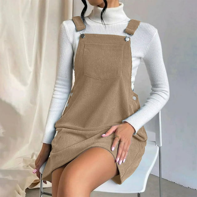Robe Salopette en Velours Côtelé pour Femmes à Bretelles Décontractée Mode Salopettes Courtes Robes avec Poches