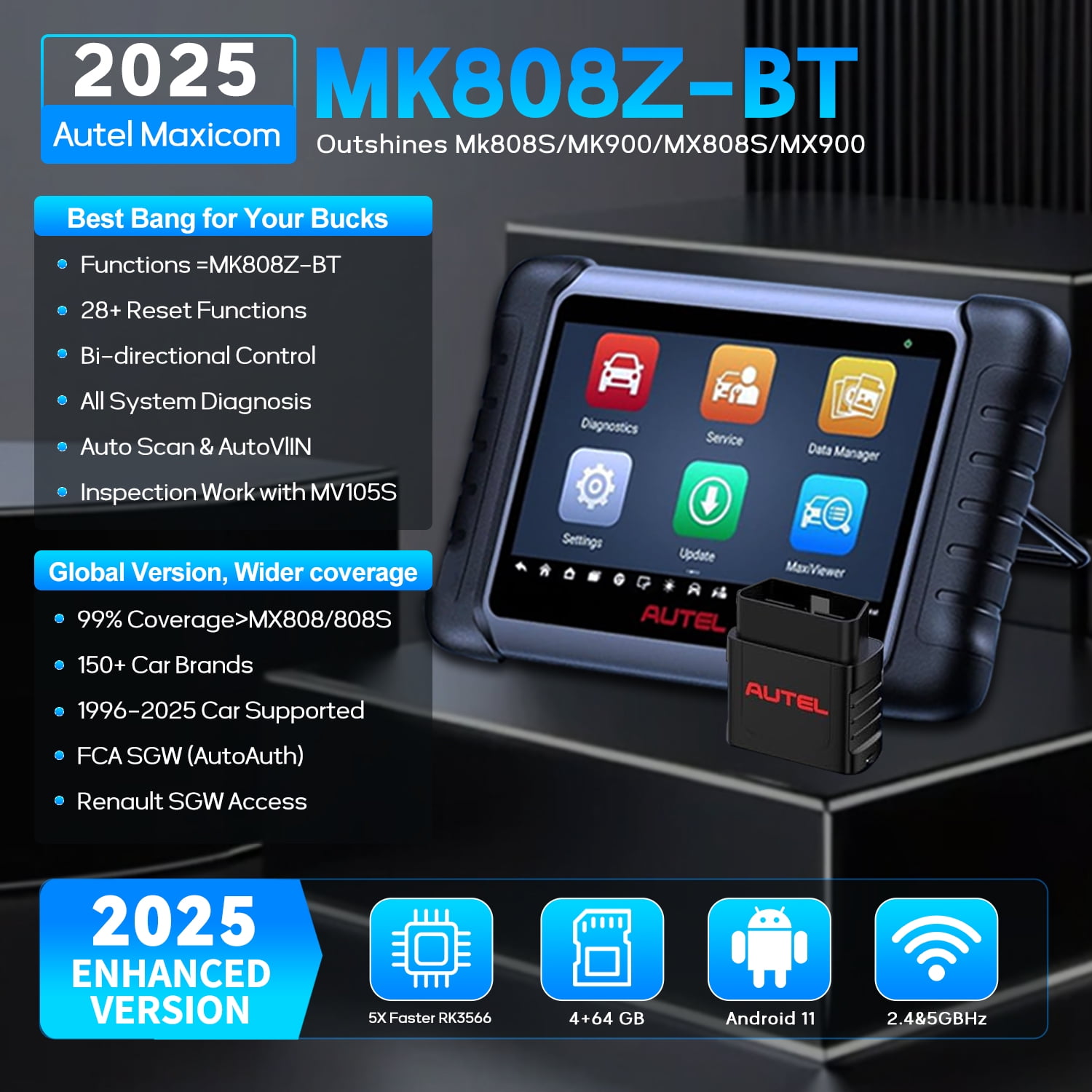 Autel Scanner MaxiCOM MK808Z-BT Bidirectional Car Diagnostic Scanner All System Scan Active Test, 28+ Service , FCA SGW Cars, OS11 Updated of MK808BT MK808S MX808S