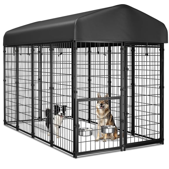 DOMIPET Outdoor Dog Kennel with Roof, Food & Water Feeder Door, Large Dog Run Pen for Outside, Heavy Duty Metal Dog Cage Enclosure, Playpen Fence