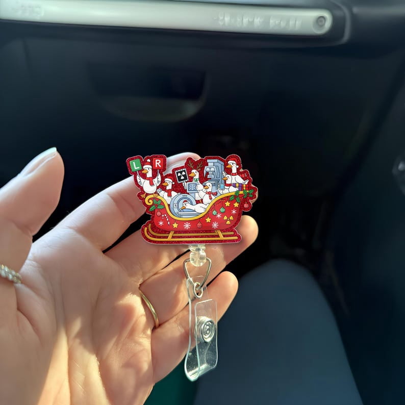 TiniDecor Christmas Goose Sleigh Badge Reel, Red Retractable ID Holder, Cute Holiday Gift for Nurses