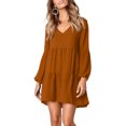 thumbnail image 4 of Women's Casual Swing Dress Long Sleeve V Neck Flutter Lantern Sleeve Loose Dresses Brown Large, 4 of 6