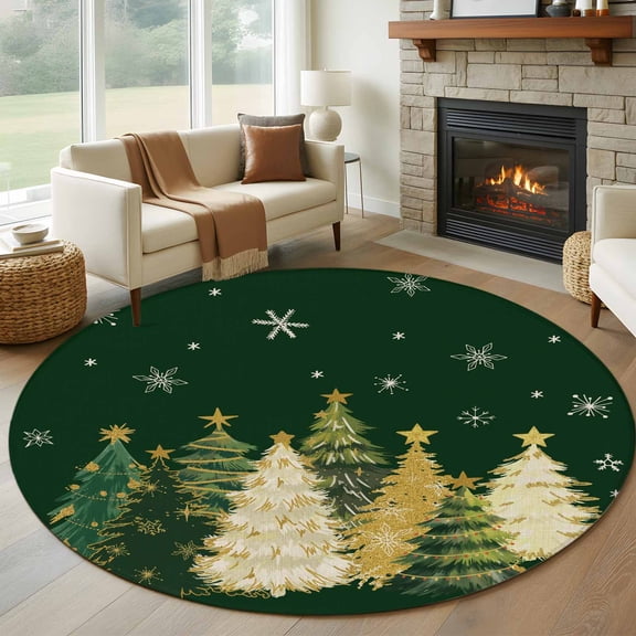 Green Christmas Tree Round Rug 5ft Washable Circle Kitchen Rugs Non Slip Xmas Tree Winter Snowflake Large Area Rug Indoor Floor Carpet for Bedroom Living Room Home Office Dining Room Nursery