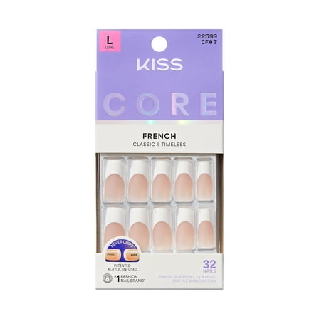 KISS CORE French Tip Press On Nails, ‘Every Minute’, White, Long Square, 32 Count