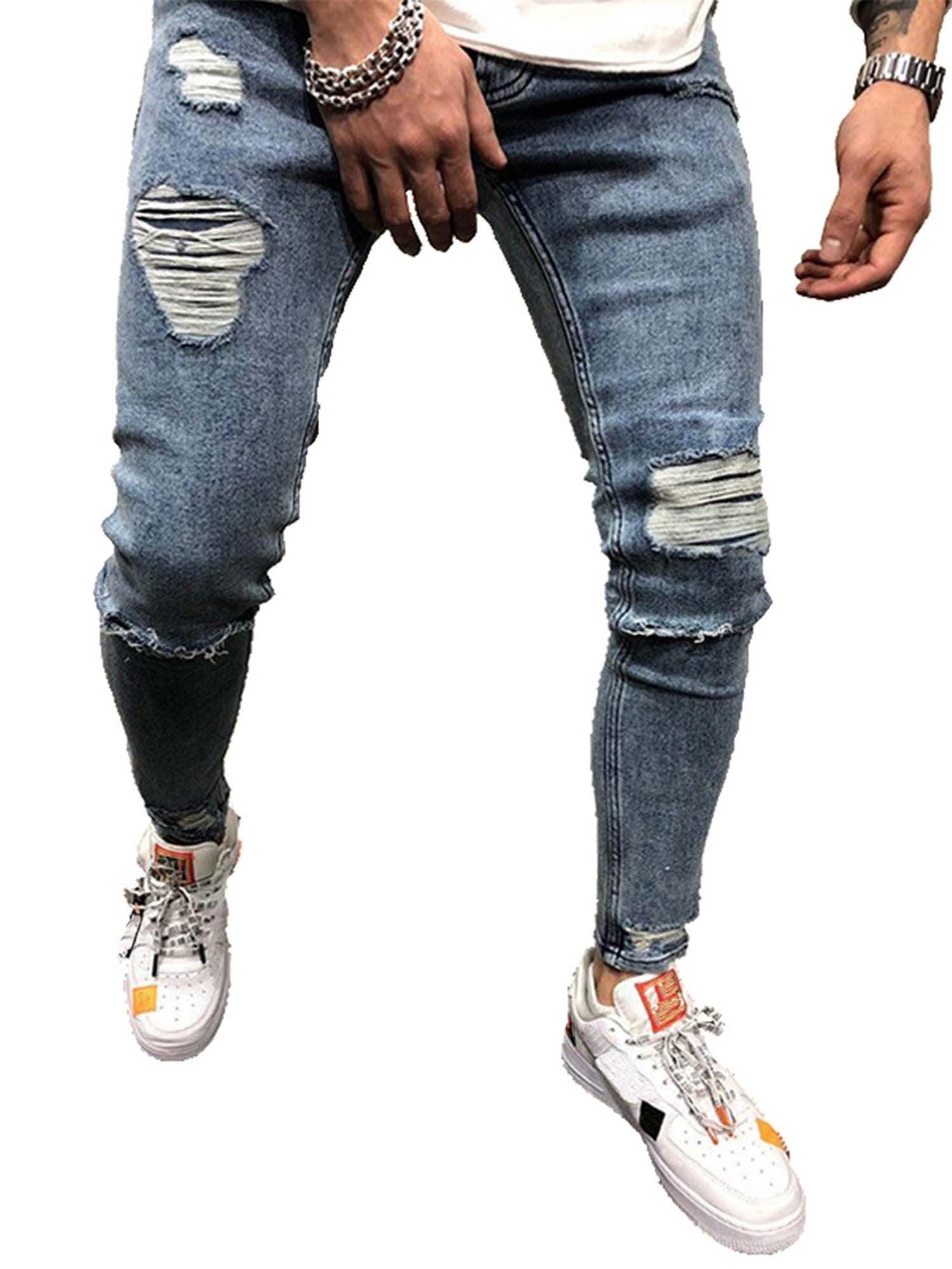 Mens Skinny Stretch Denim Ripped Jeans 
