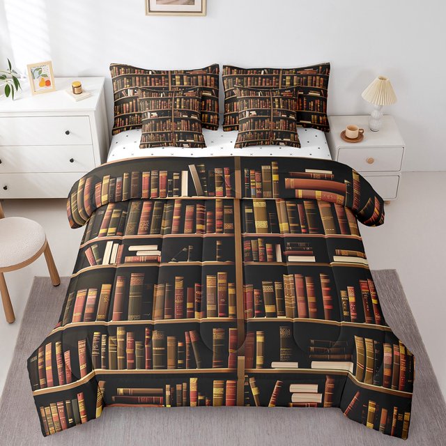YST Bookshelf 7 Piece Comforter Set Twin Size,Vintage Educational Bookcase Bedding Set,Classic Library Books Bed in a Bag,Retro Academic Collection Art Sheet Set Bedroom Decor,Black Brown