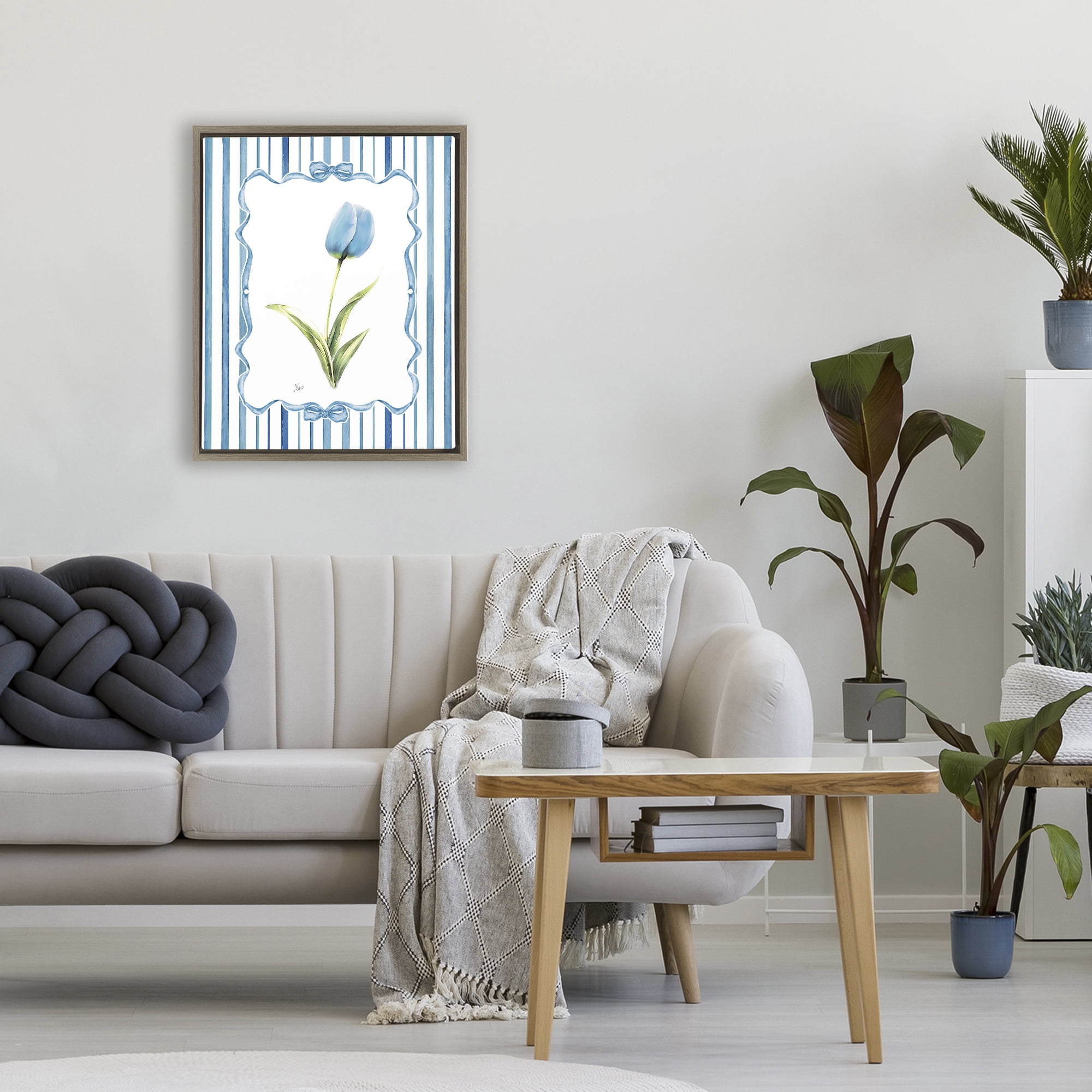 Stupell Industries Blue Tulip & Ribbon Border Brown Framed Floater Canvas Wall Art, design by Nan