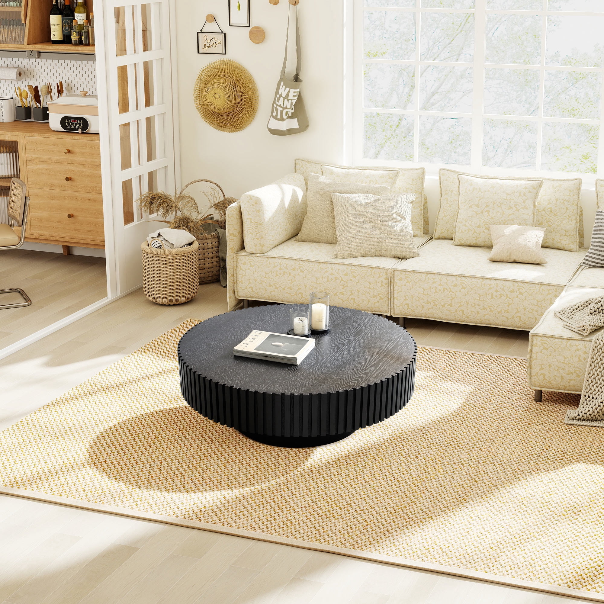 Muumblus 31.5" Round Wood Coffee Table, Modern Unique Fluted Accent Center Table for Living Room, Black