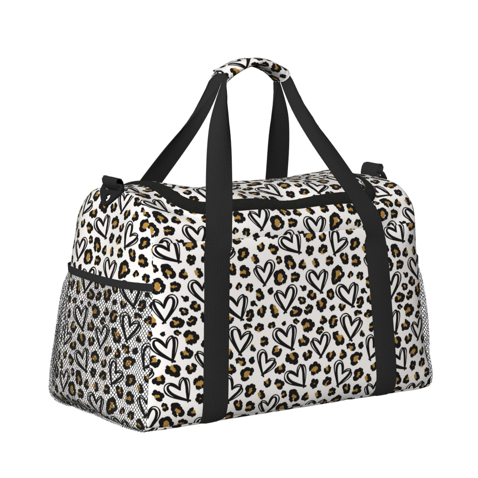 Fuzoiu Heart Leopard Print Travel Duffle Bag,Carry On Tote Bags,Duffel Bag,Sport Gym Bag, Hospital Bag for Labor and Delivery, Overnight Bag,Luggage Bag