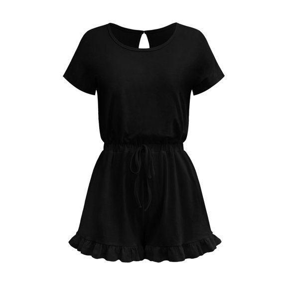 Summer Fashion Jumpsuit Shorts Solid Color Button Drawstring Ruffle Short Sleeve Casual Women's Clothing