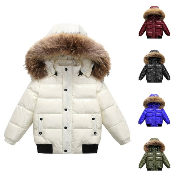 Juebong Kids Girls Winter Coat Warm Cropped Puffer Jackets Windproof Padded Coats Thickened Down Jacket with Faux Fur Hood Blue,3-4Years