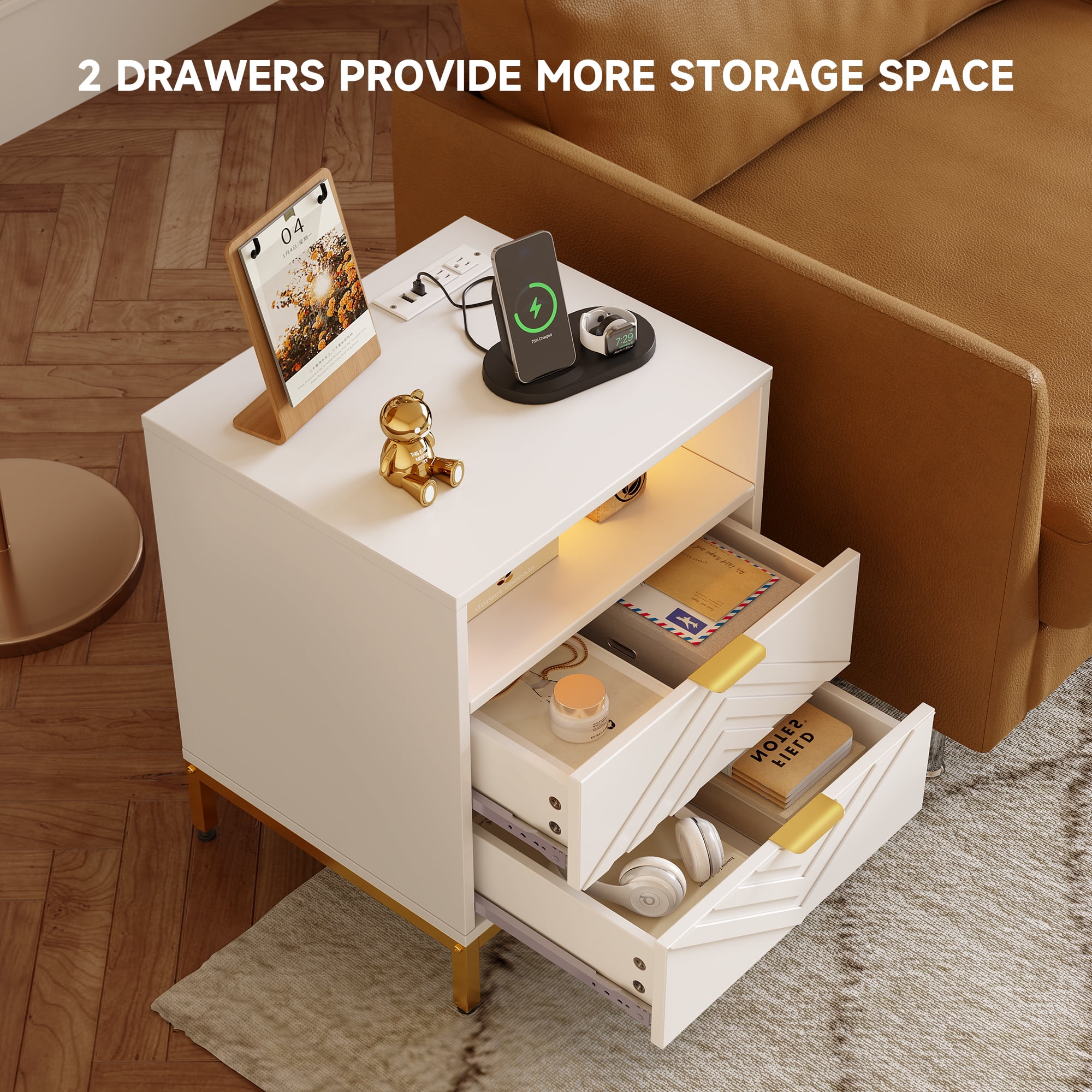 MARNUR LED Nightstand with 2 Drawers, Charging Station, White Modern Night Table High Gloss End Side Table for Bedroom