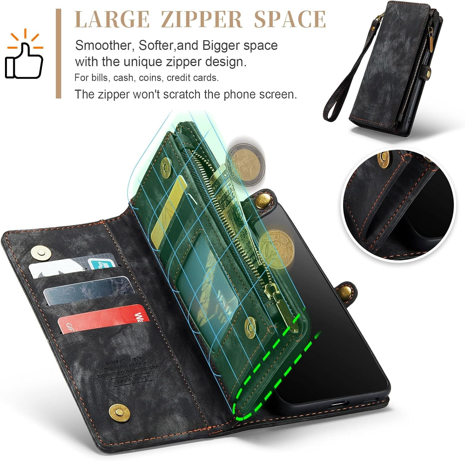 Asuwish Compatible with Samsung Galaxy S21 5G 6.2 inch Phone Case Zipper Wallet Detachable Tempered Glass Screen Protector Crossbody Strap Flip Card Holder Slot Cell Cover for S 21 21S G5 Women Black