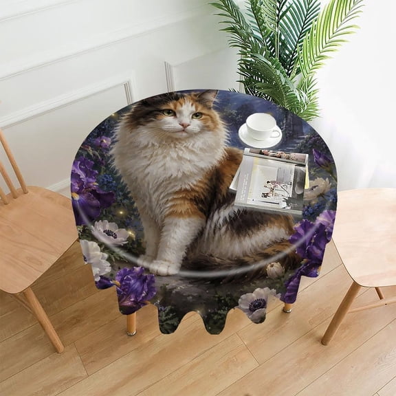 RKSupls 60 Inch Round Tablecloth, Calico Cat in Moonlit Iris Garden Premium Polyester Straight Edge Wrinkle Resistant Washable Table Cover for Party Home Dining Decor