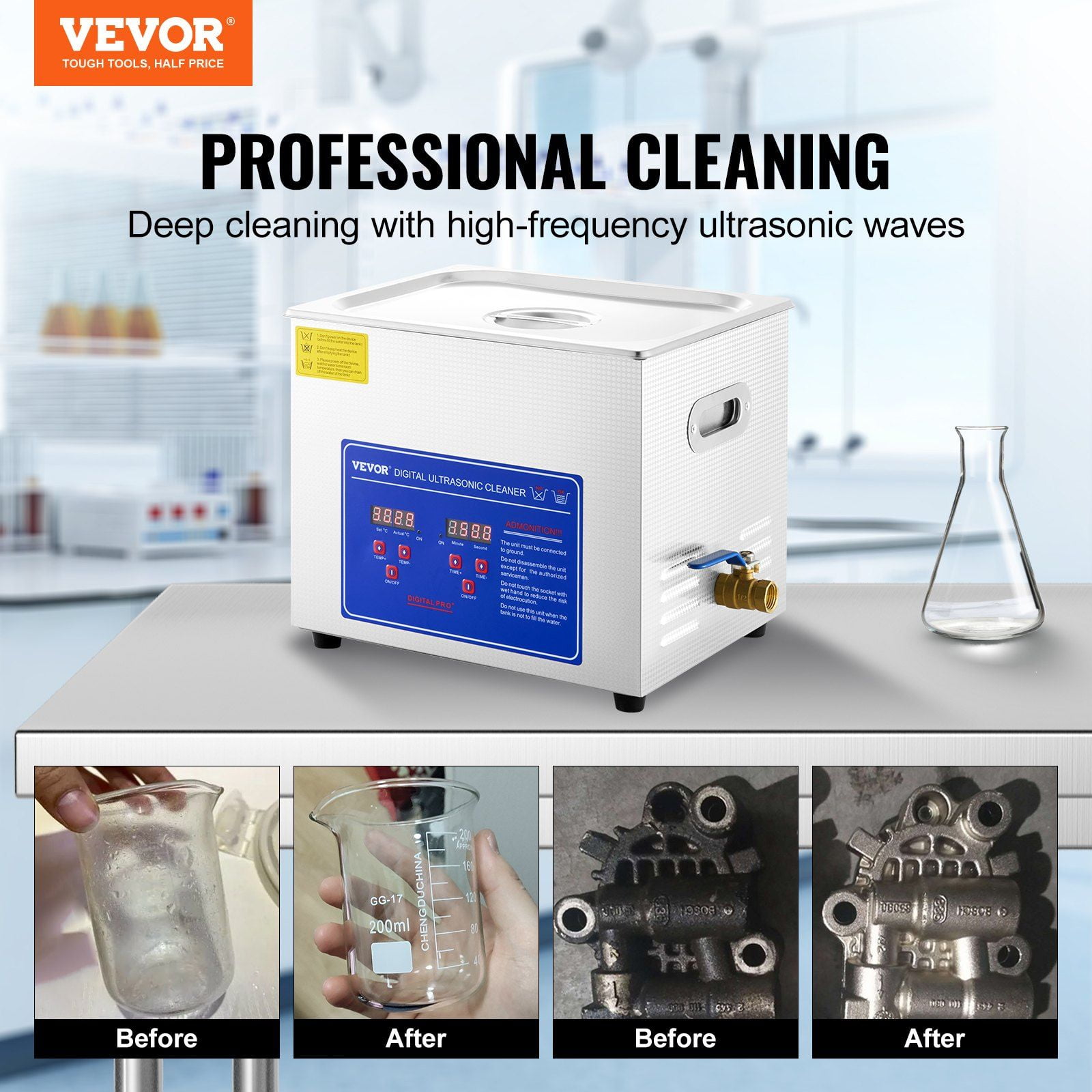Professional Ultrasonic Cleaner 10L Digital Timer Heater Stainless Steel Industrial Sonic Cleaner 40kHz for Glasses Watches Rings Small Parts