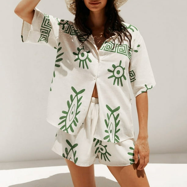 JHLZHS Womens Shorts Pack Women s Print 2 Piece Pajama Set Short Sleeve Button Down Tops Drawstring Shorts Loungewear Sleepwear Sets Two Piece Short